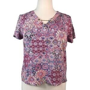 Rafaella V-Neck Blouse Short Sleeves Embellished Size XL Pink Floral